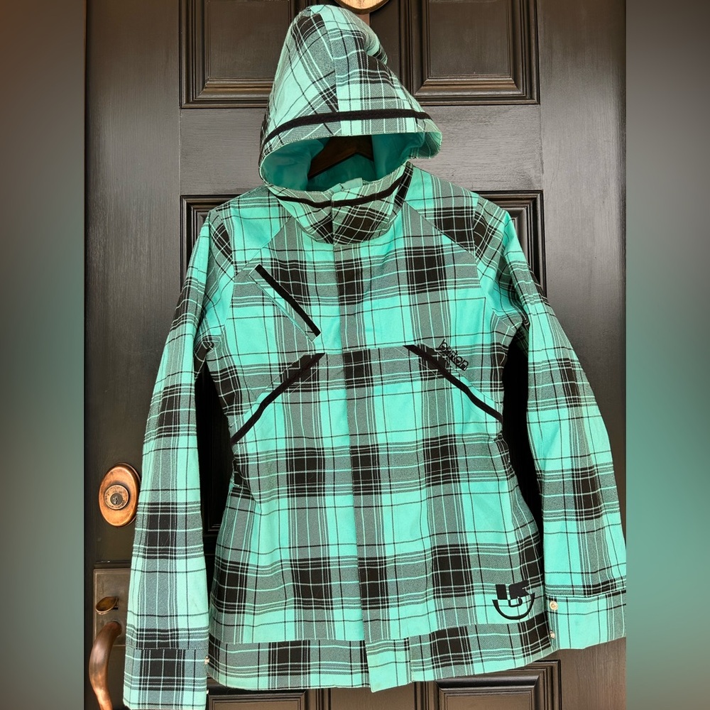 Burton Women’s Snowboard Jacket Sz M Teal/Black Plaid DryRid  Waterproof Hooded